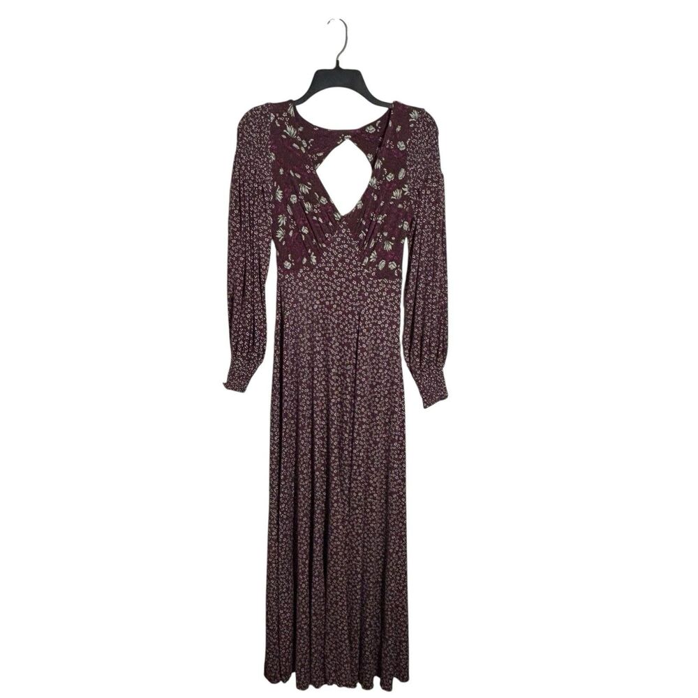 Free People Dark Floral Smock Bishop Sleeve Maxi Babydoll Dress XS Coquette Boho